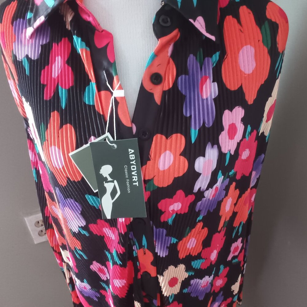 Bright Floral Mini Shirt Dress Tunic L Large - Picture 3 of 5